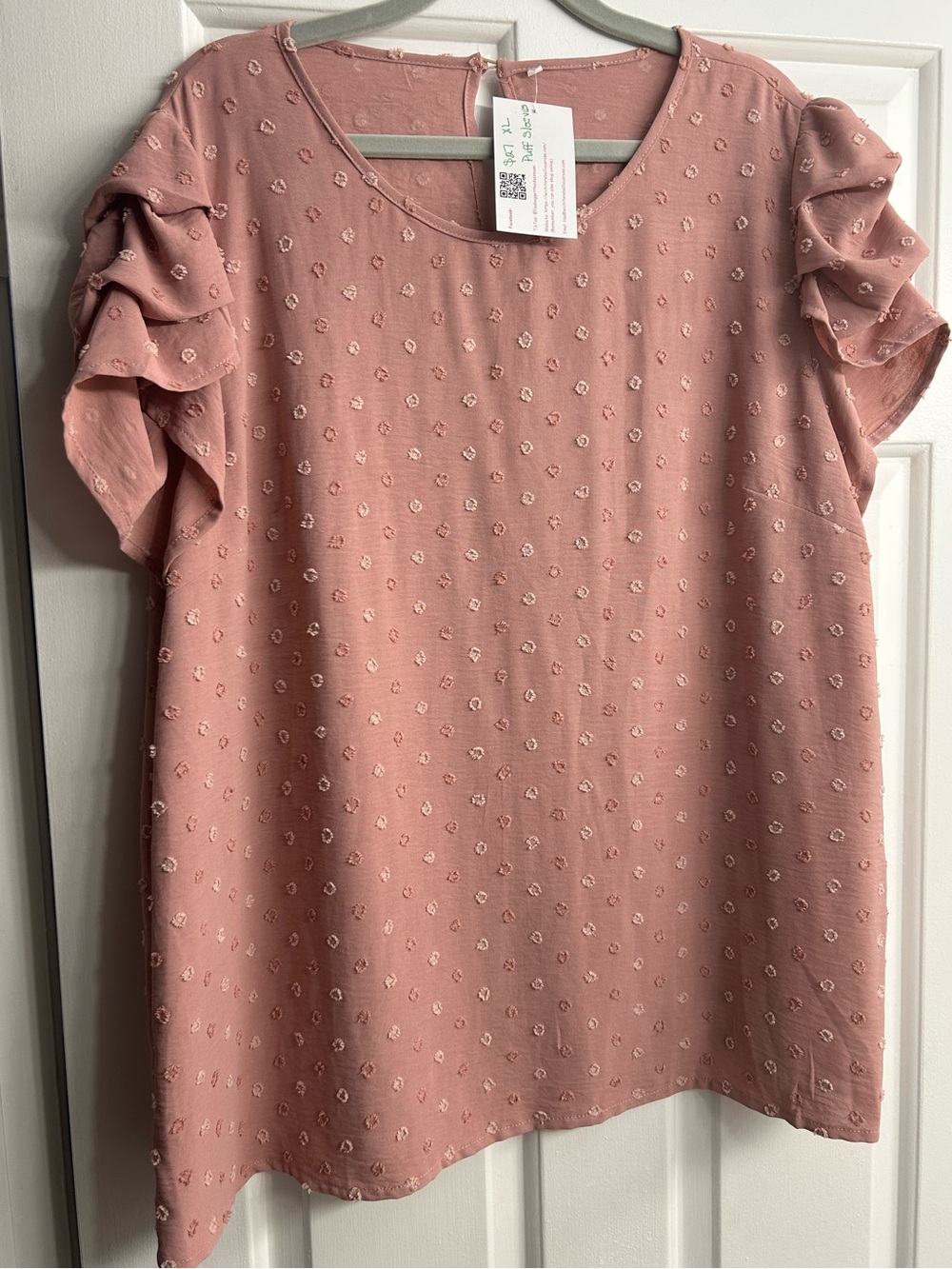 Women’s Blush Pink Ruffle Sleeve Swiss Dot Textured Blouse XL NWT